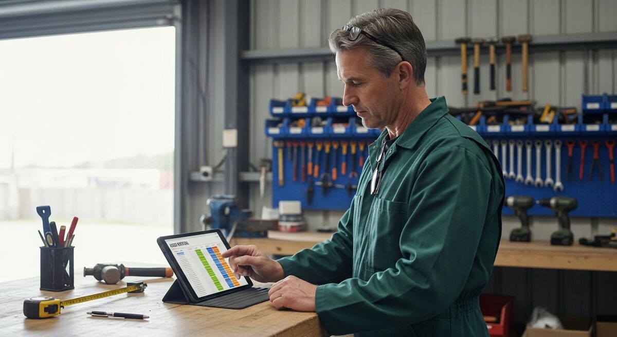 Trades business owner reviewing aged debtor list on a tablet at a workshop bench