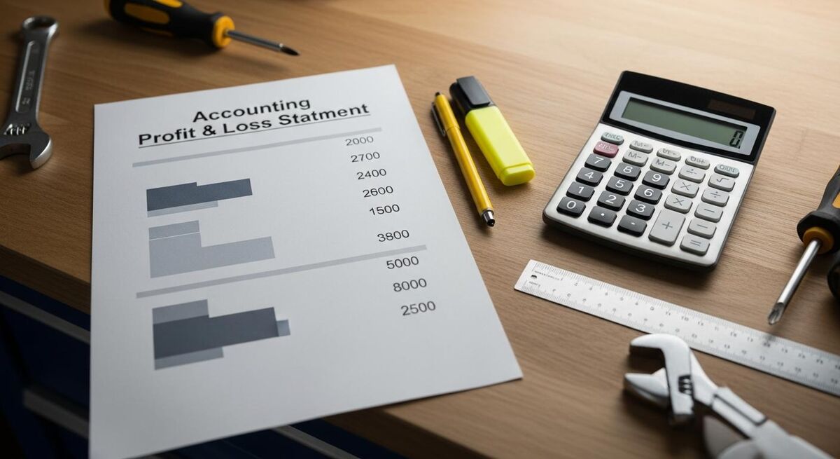 Calculator and printed profit and loss statement laid out on a wooden workshop bench beside a clipboard