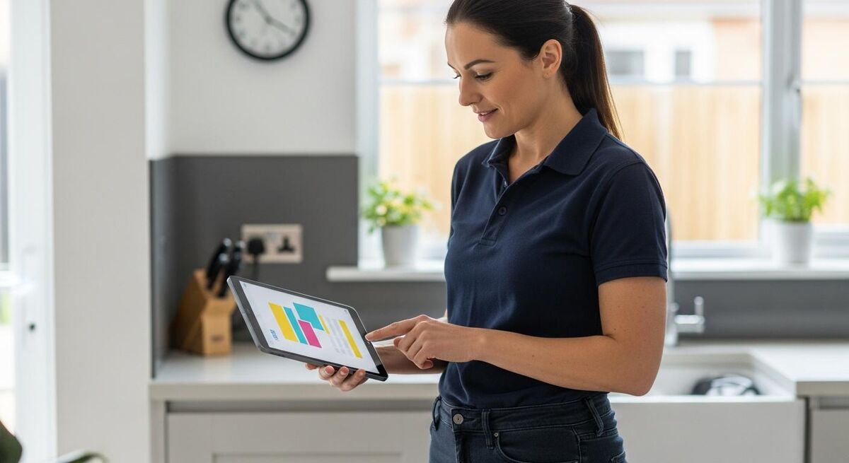 Tradesperson sending a quote via tablet from inside a customer kitchen