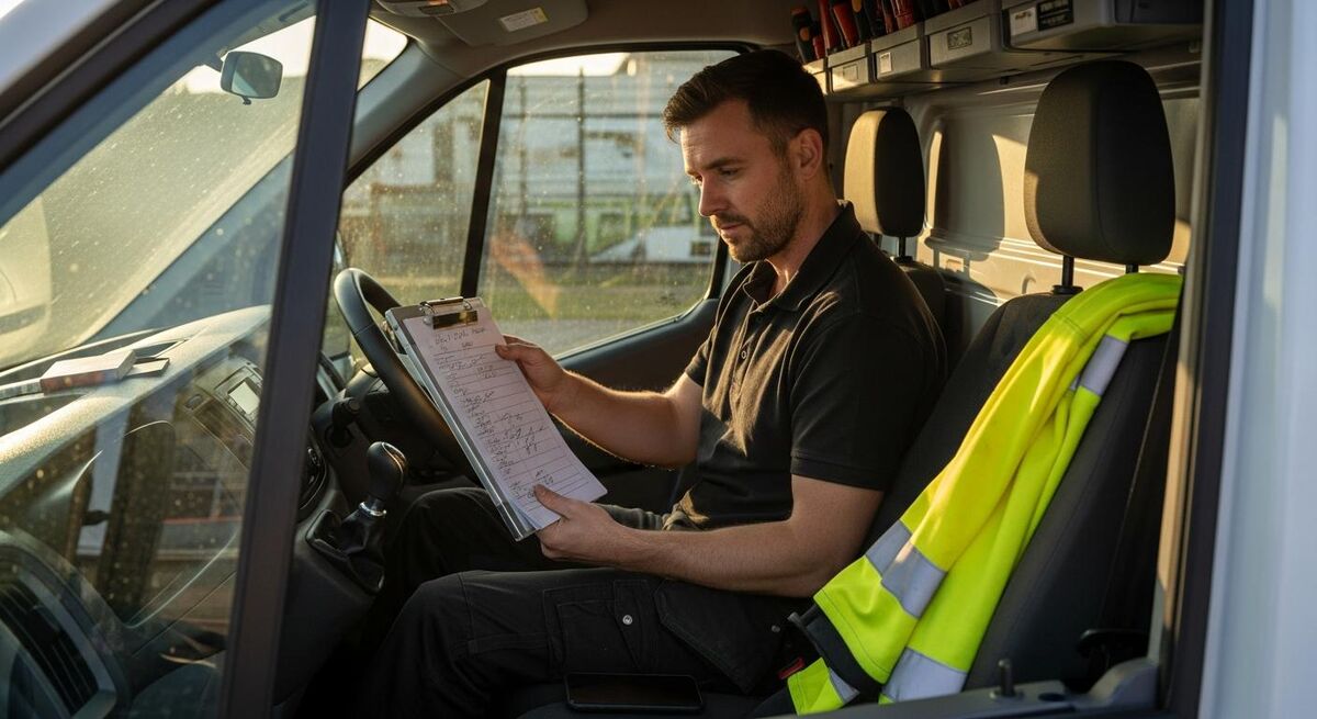 Trades engineer reviewing a job schedule on a clipboard inside a working van