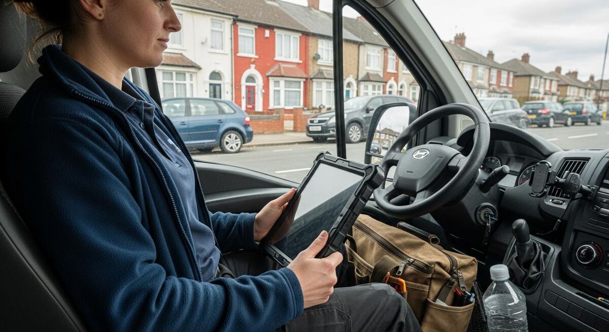 A field engineer using a rugged tablet in a work van to complete a digital job sheet