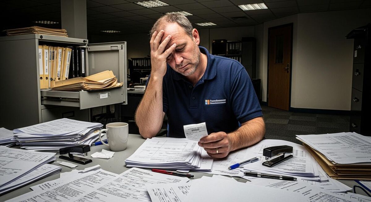 Fleet operations manager reviewing job paperwork beside a work van