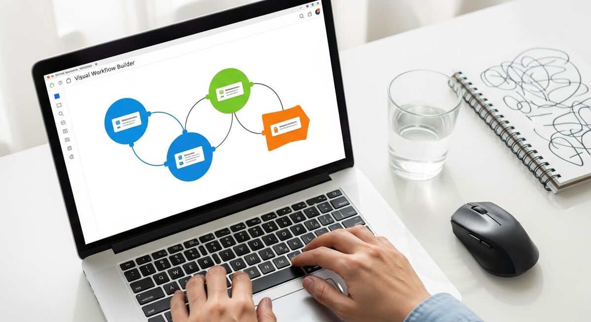 A laptop screen showing a visual workflow automation builder with connected modules