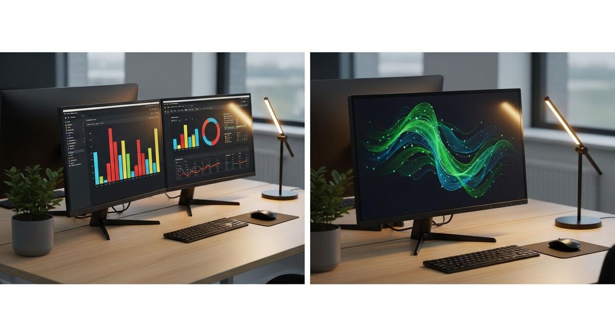 Split view showing a job management dashboard on one screen and accounting software on another