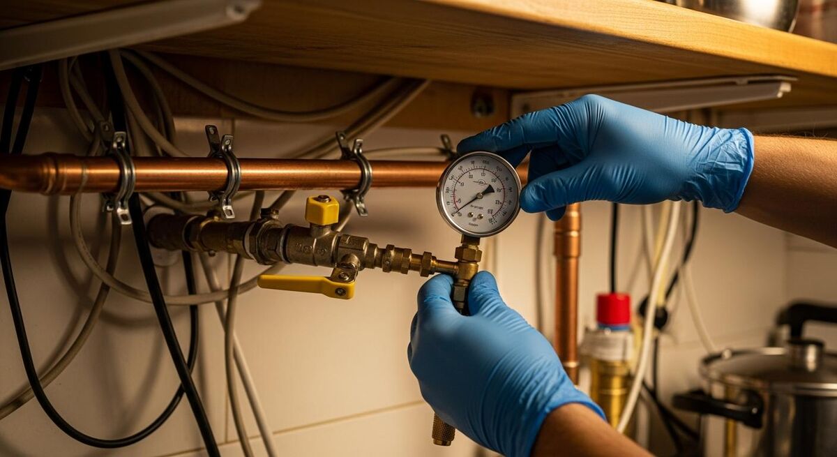 Gas engineer pressure testing copper pipework under a kitchen worktop