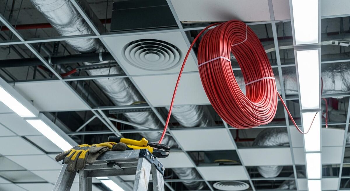 Red fire alarm cable being run through a commercial ceiling void