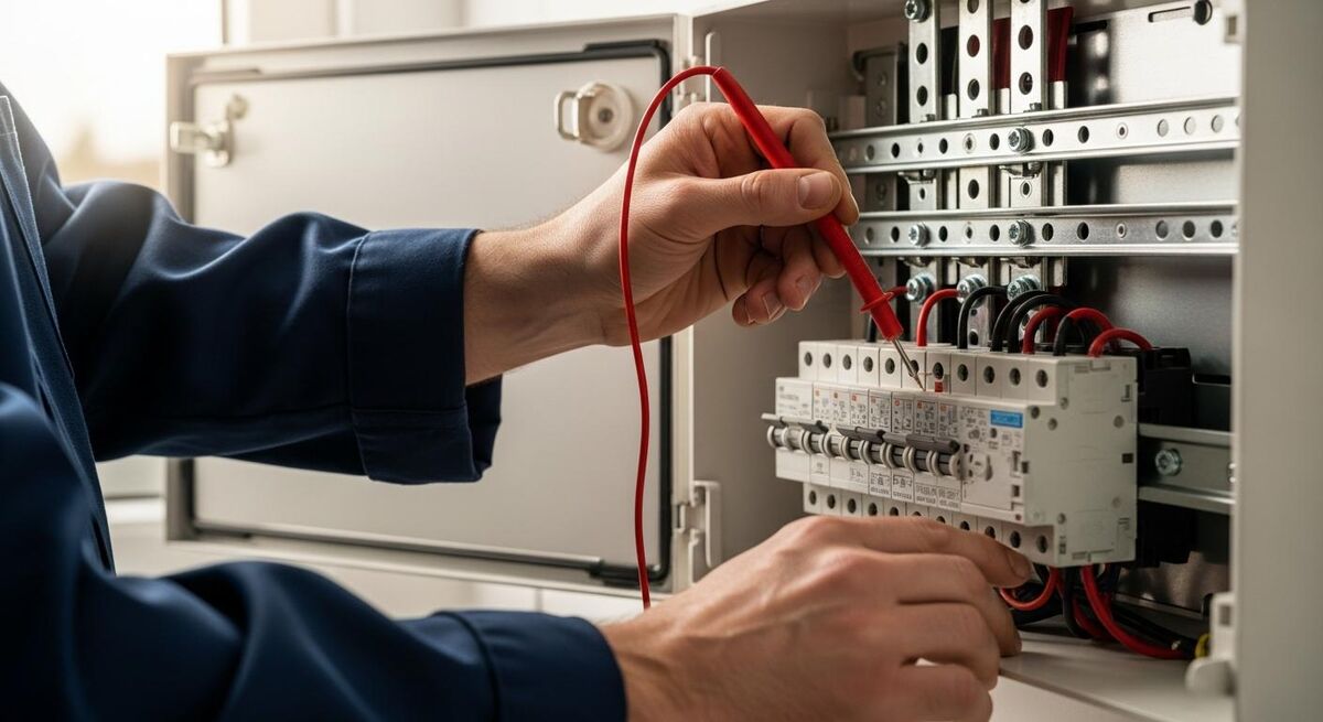 Electrician working inside a domestic consumer unit