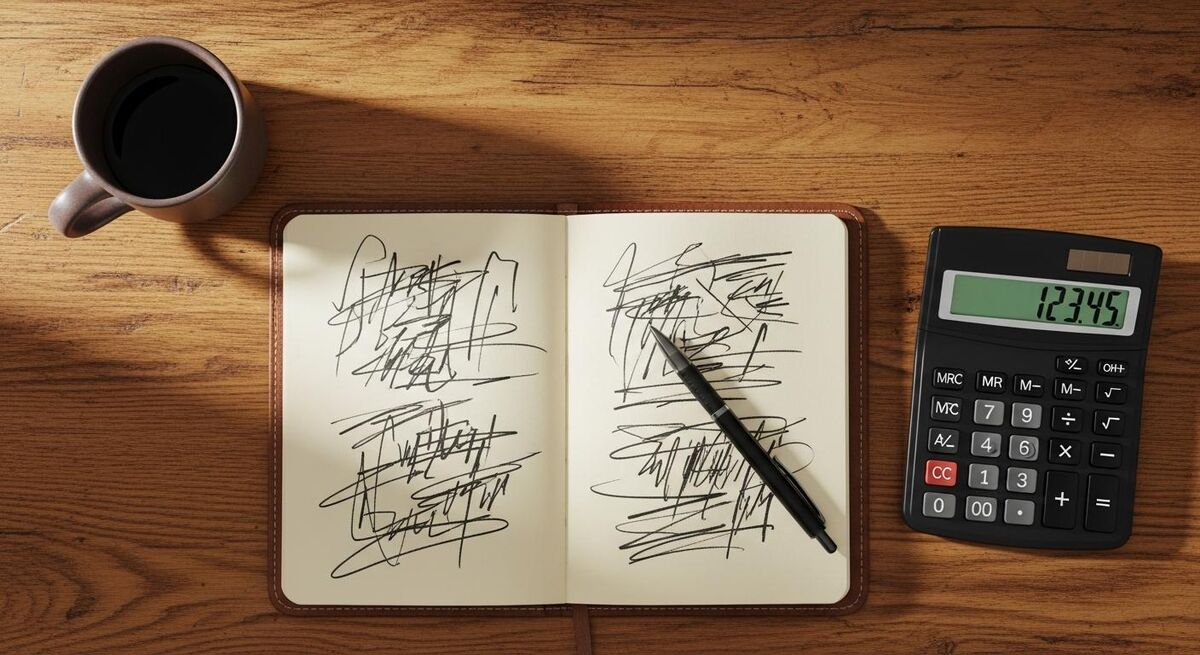 Hands writing in a notepad next to a calculator and tools