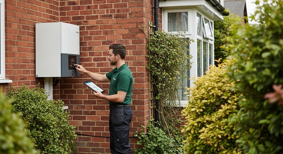 External air source heat pump unit installed on a UK semi-detached property
