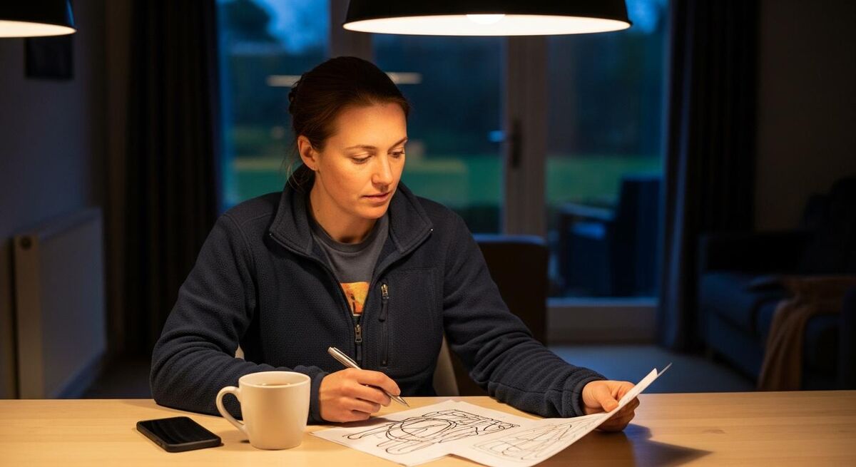 Tradesperson reviewing paperwork at a kitchen table with a cup of tea, early evening light