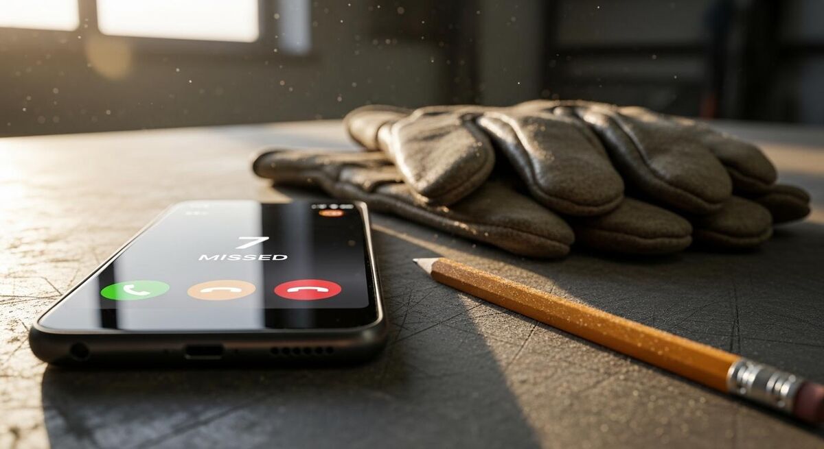 Smartphone with missed call notifications on a workbench beside plumbing tools