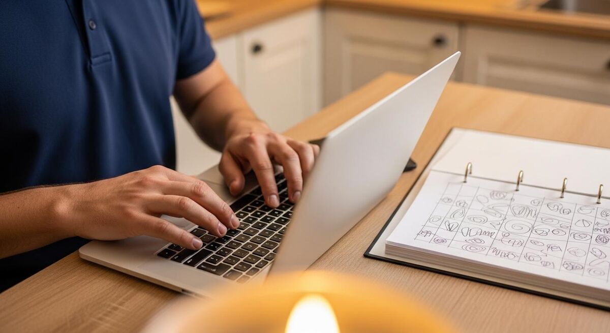 Close-up of hands typing on a keyboard with a notepad of business details beside the laptop