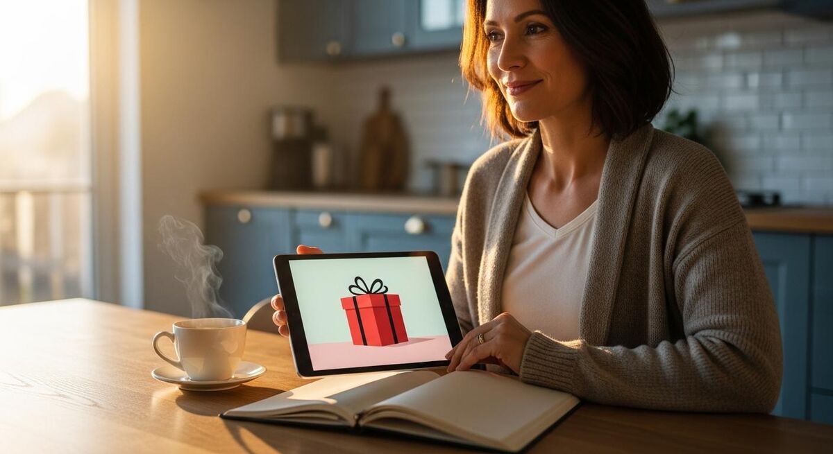 A homeowner reads a branded e-gift card email on a tablet at the kitchen table