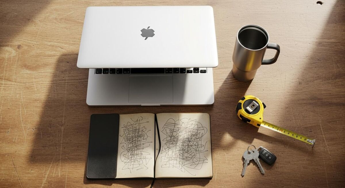 A laptop on a workshop bench beside a coffee mug and a tradesperson notepad