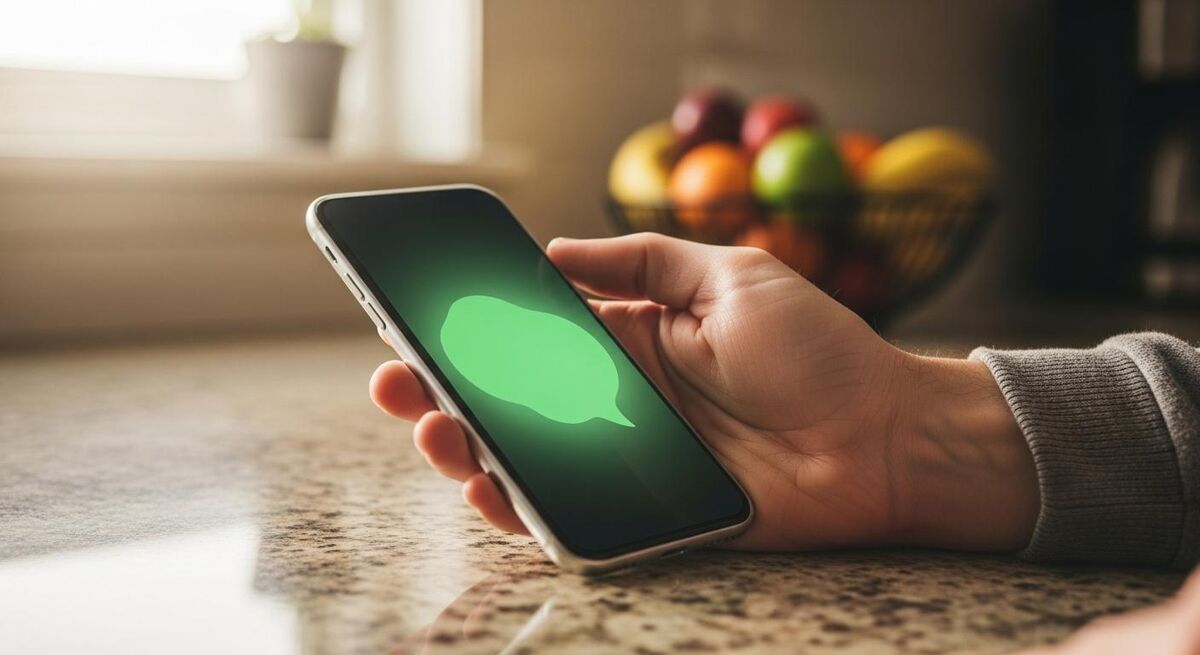 A homeowner reads a WhatsApp message from their plumber on a kitchen counter