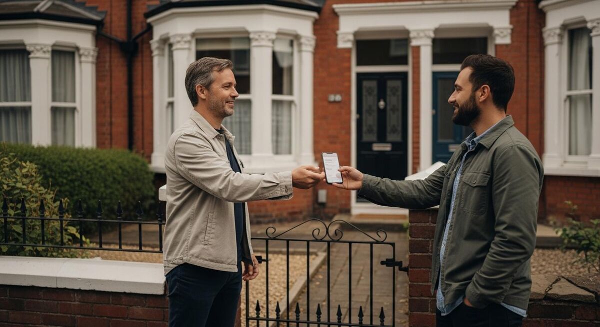 Two homeowners exchange a phone number for a trades recommendation