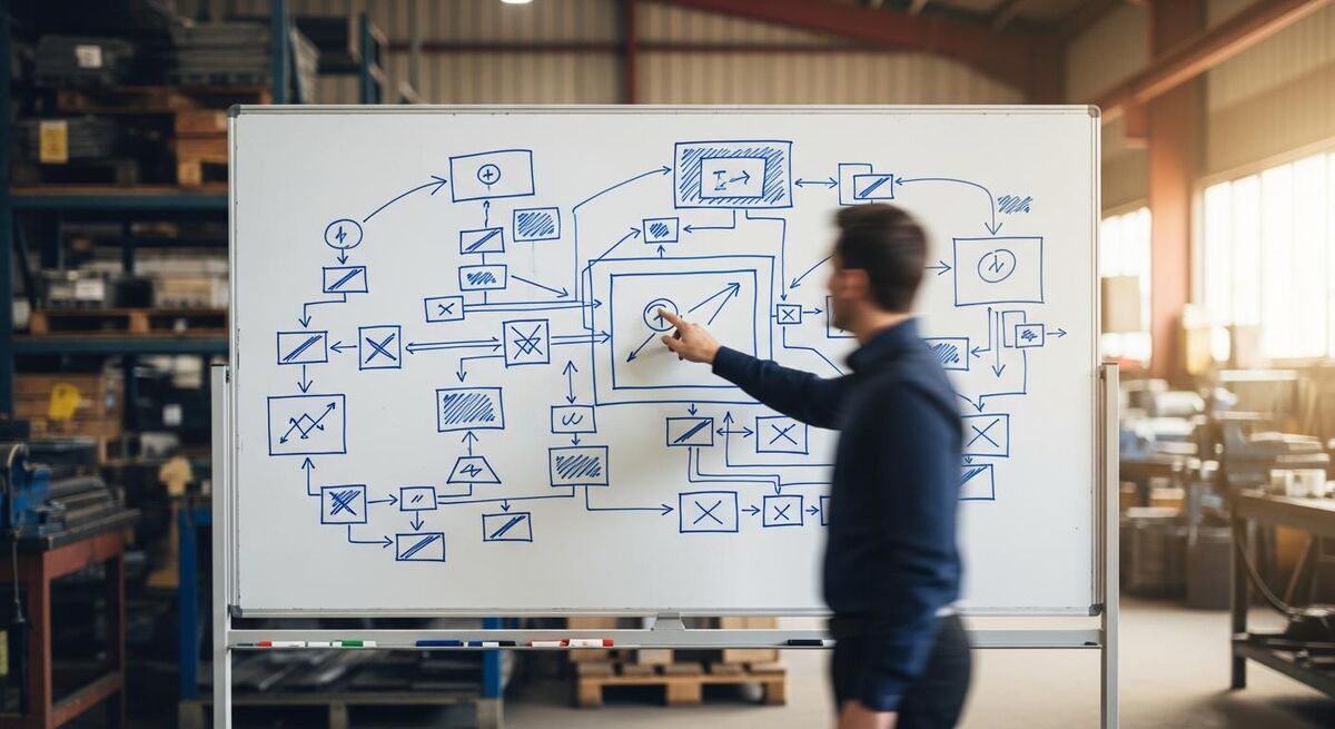 A workflow diagram on a wall showing four connected steps