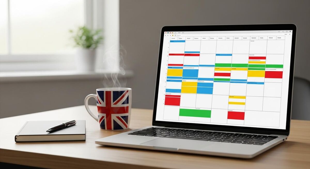 A laptop displaying a calendar of jobs on a clean office desk with a coffee cup