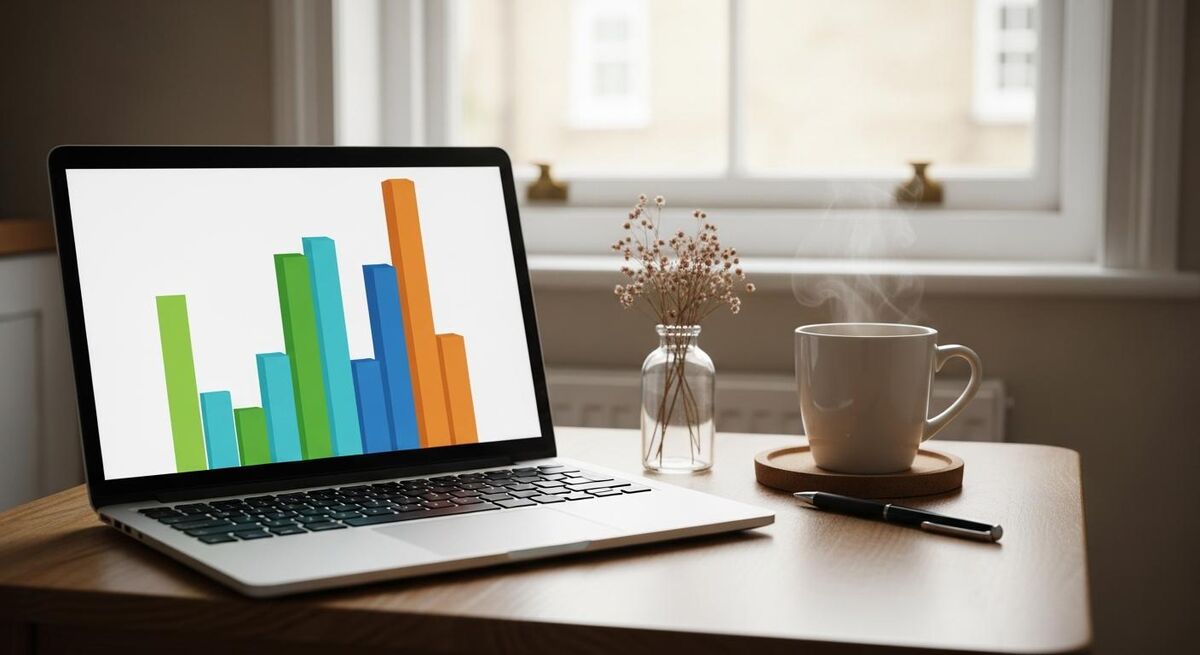 A laptop on a small kitchen table showing a colourful bar chart, mug of tea beside it, morning light