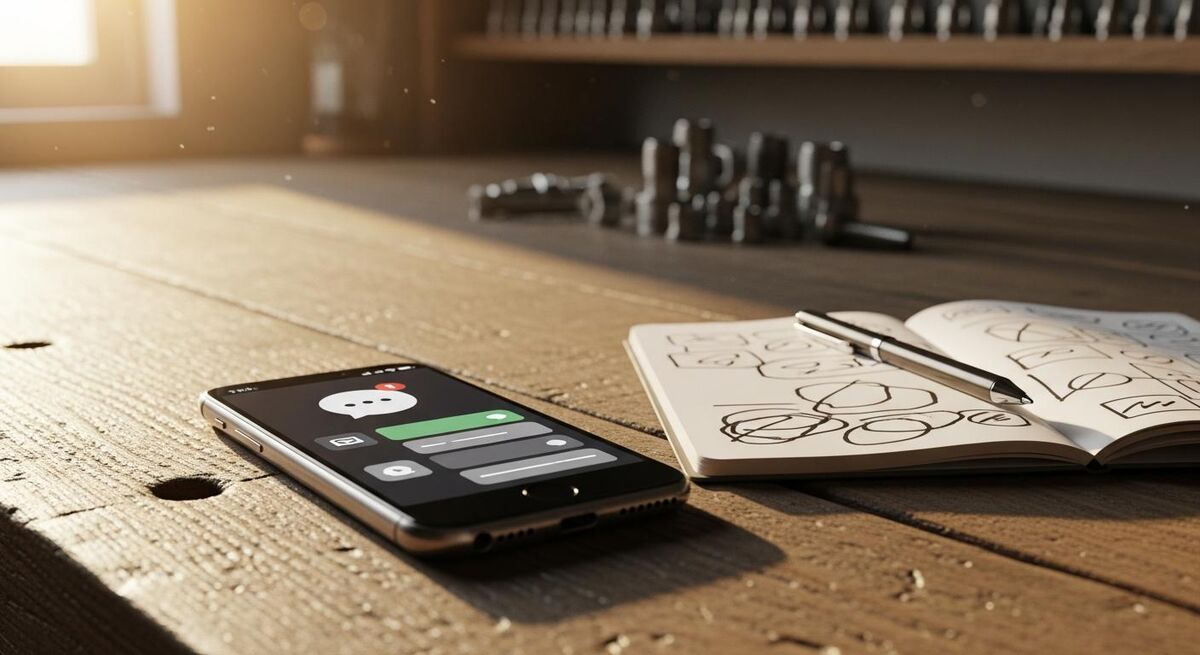 A phone receiving a notification while sat on a wooden workbench at sunset