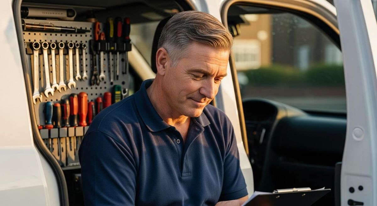 Tradesperson reviewing a clipboard in a tidy van with tools racked behind
