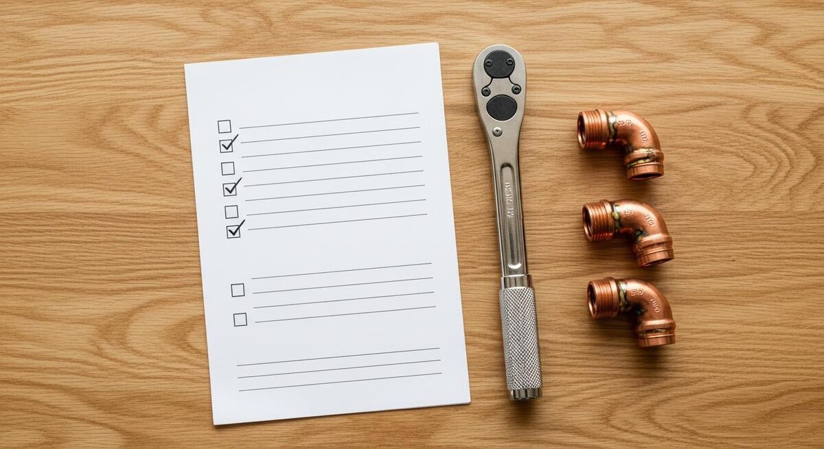 A printed job checklist next to a torque wrench on a tool bench with neat copper pipework in the background