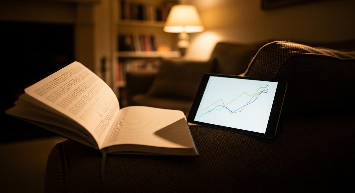 An open notebook with neat handwritten numbers next to a tablet showing a chart, in an evening home setting