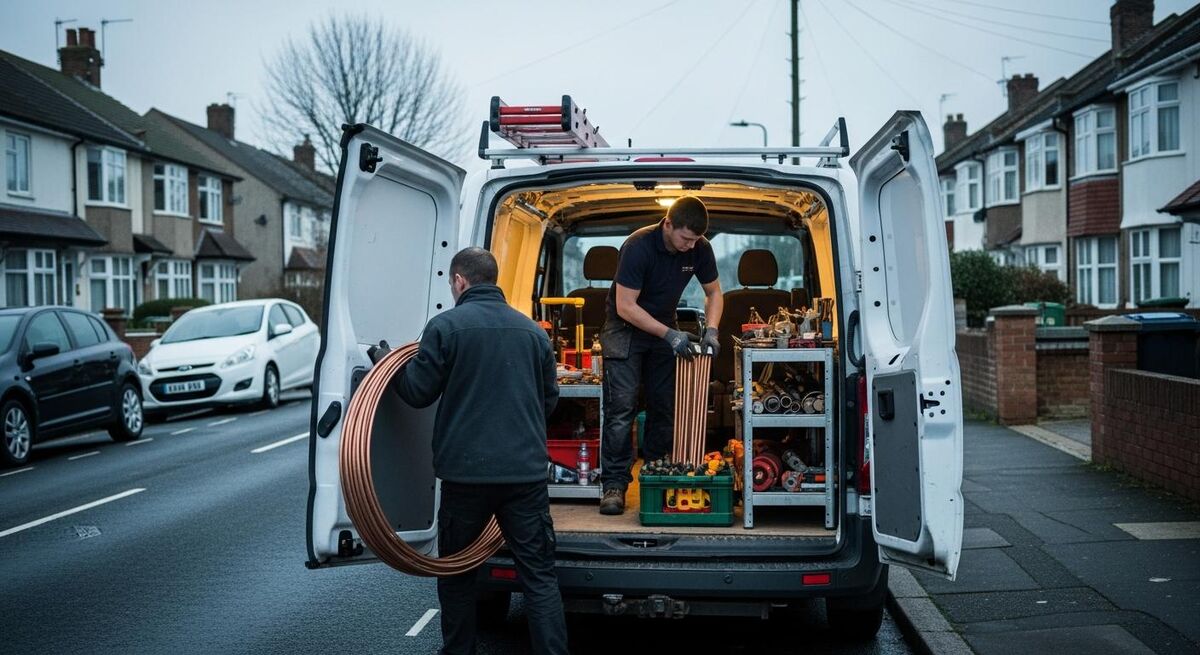 Two tradespeople loading tools into a work van on a residential street