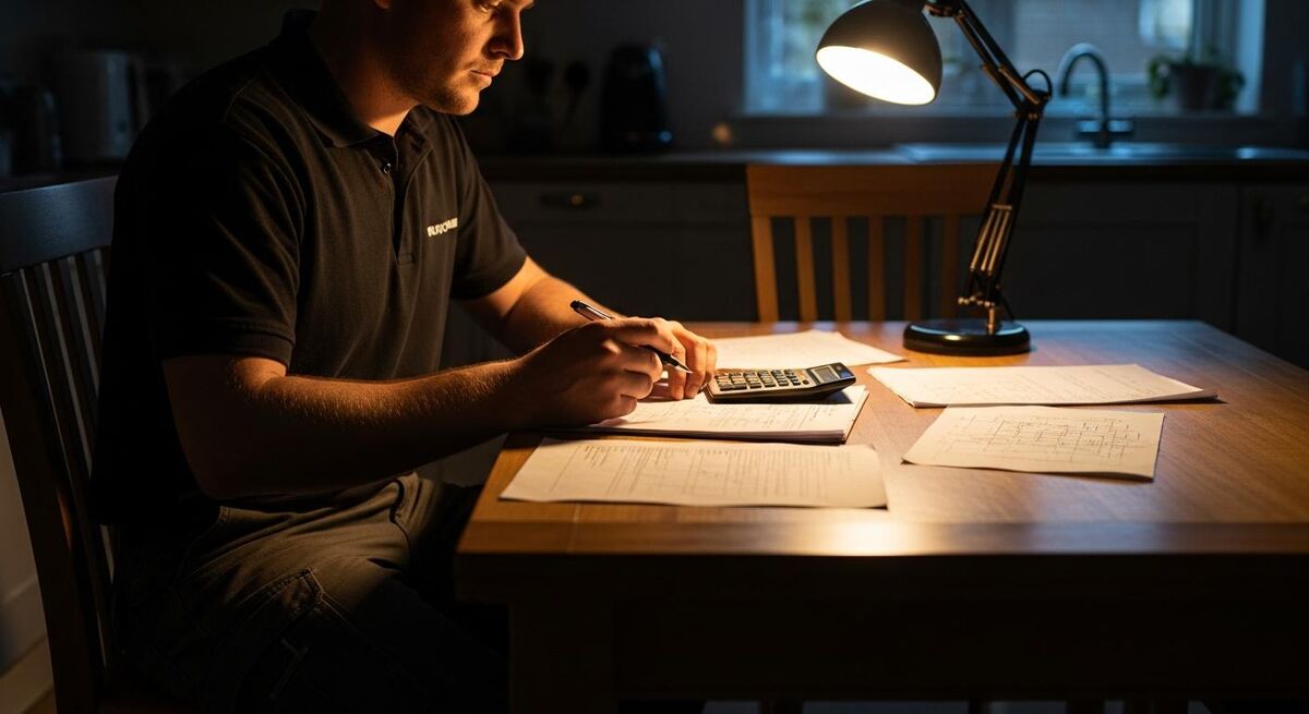 Tradesperson reviewing financial paperwork at a kitchen table with a calculator and laptop