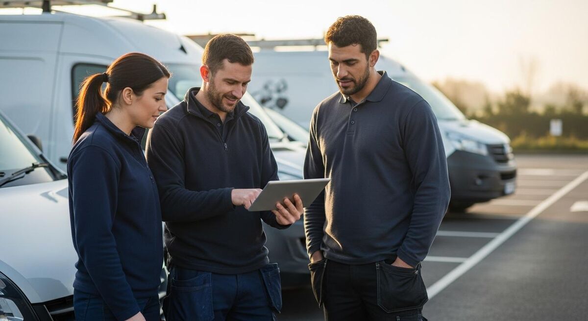 Small team of tradespeople gathered around a van reviewing job sheets on a tablet