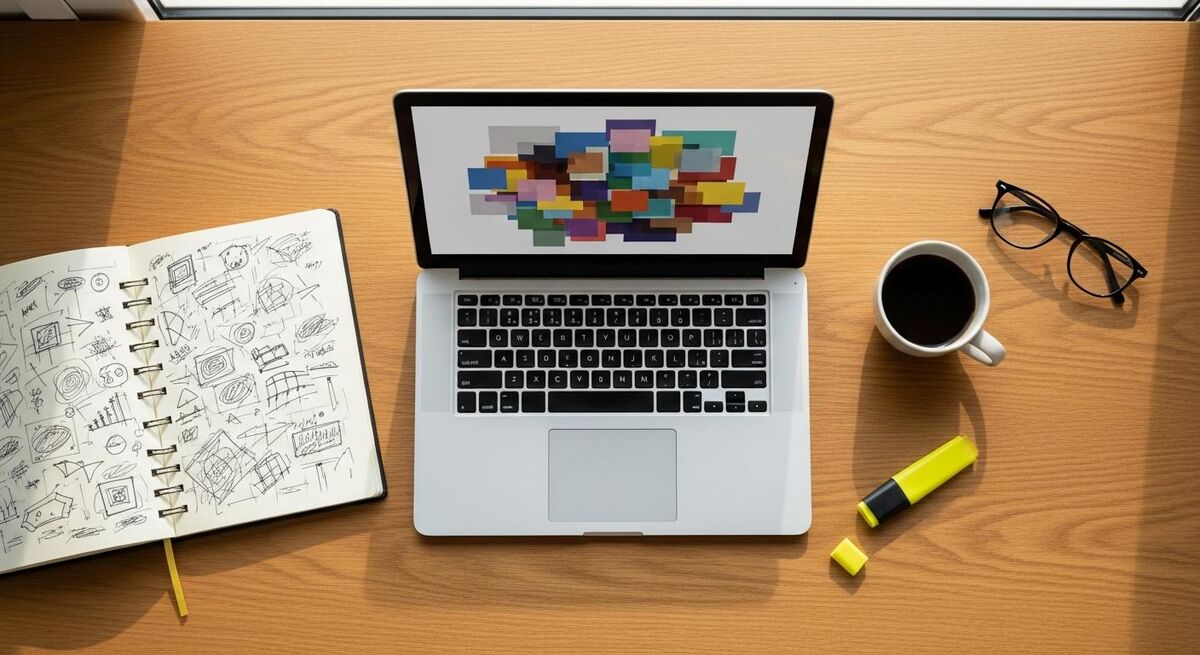 Tradesperson at a desk using a laptop showing the Claude Cowork interface with abstract document icons