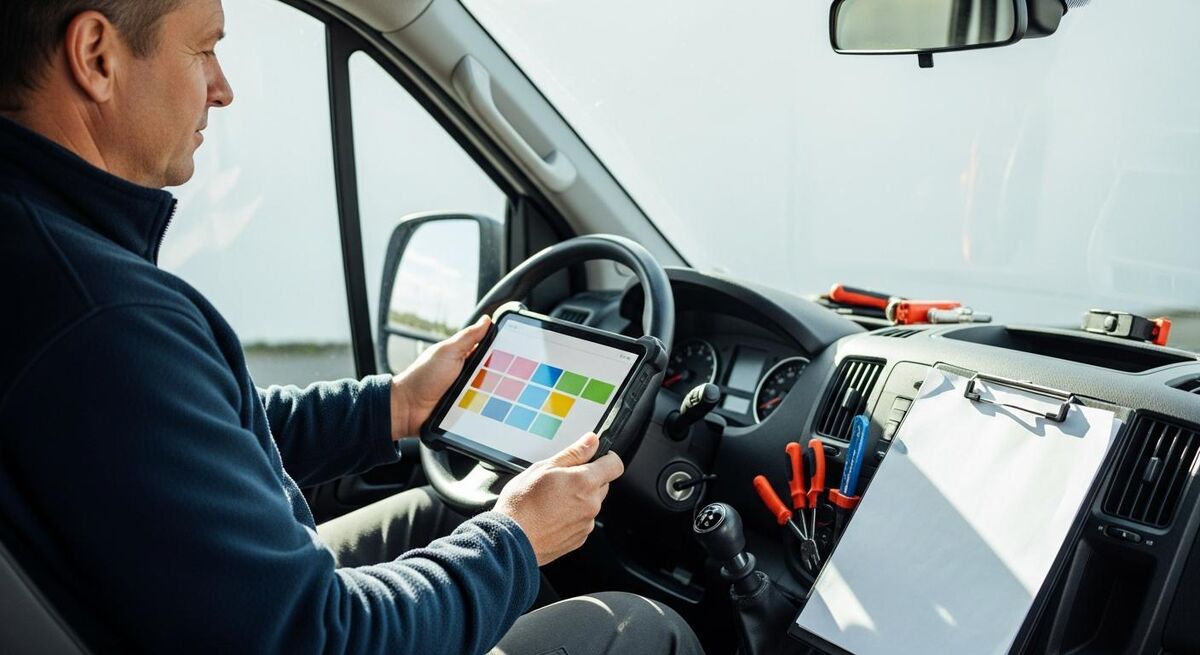 Heating engineer in a van reviewing an SOP document on a tablet