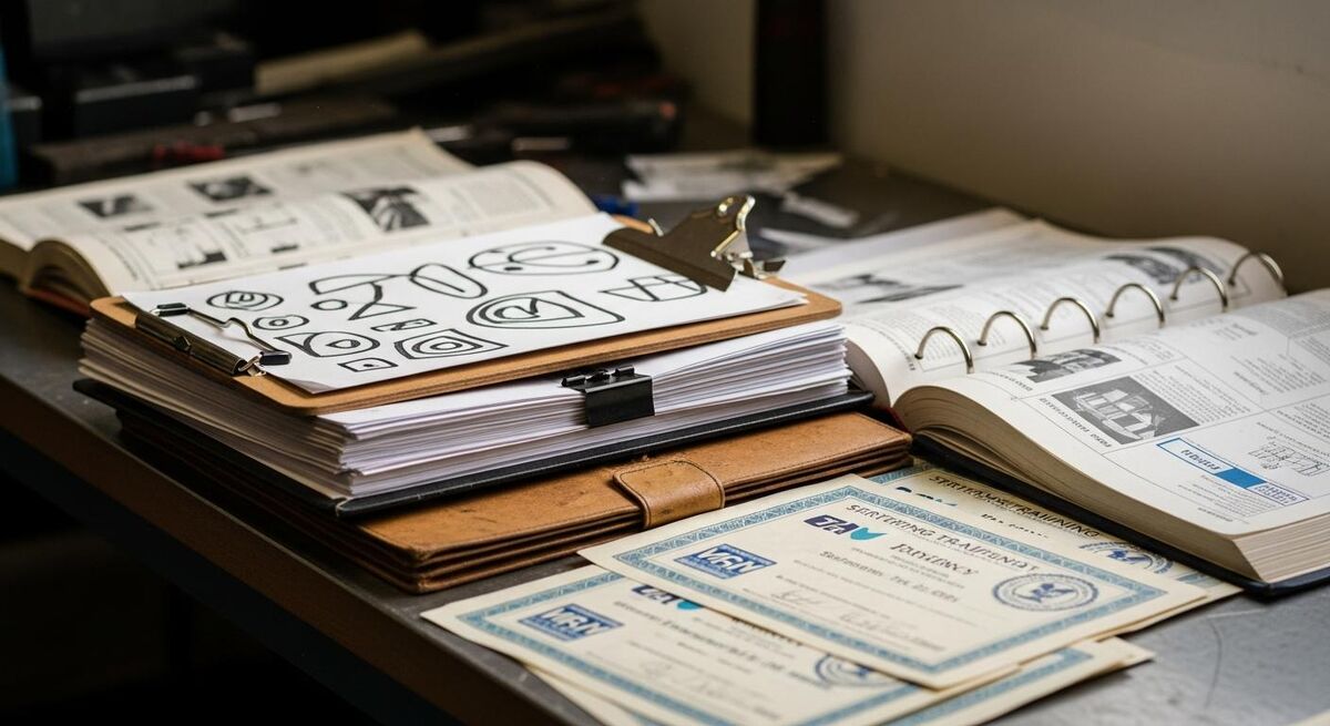 Stack of trades paperwork including manuals, certificates and notebooks on a workshop bench