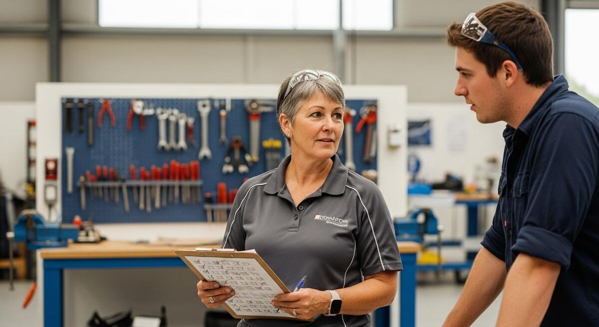 Trade supervisor with a clipboard reviewing a skill assessment with an apprentice in a workshop
