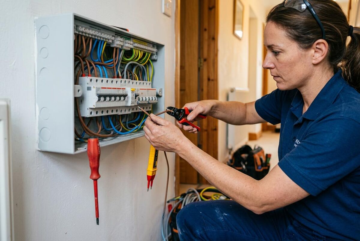 Electrician working on a consumer unit in a UK home