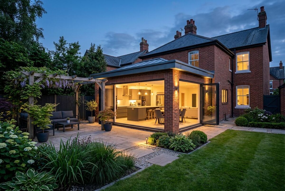 Completed UK house extension with bi-fold doors at dusk