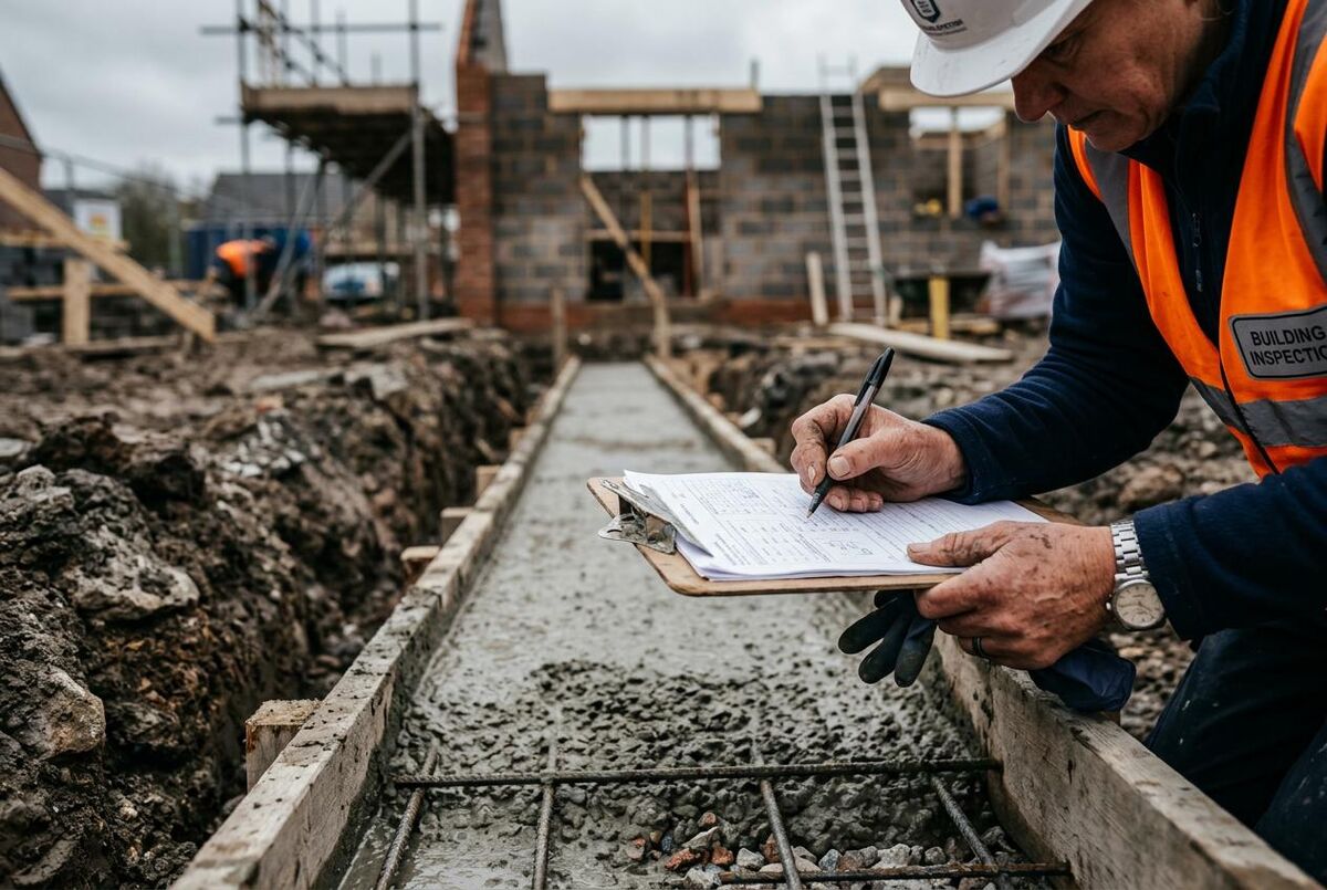 Building inspector examining concrete foundations on a UK construction site