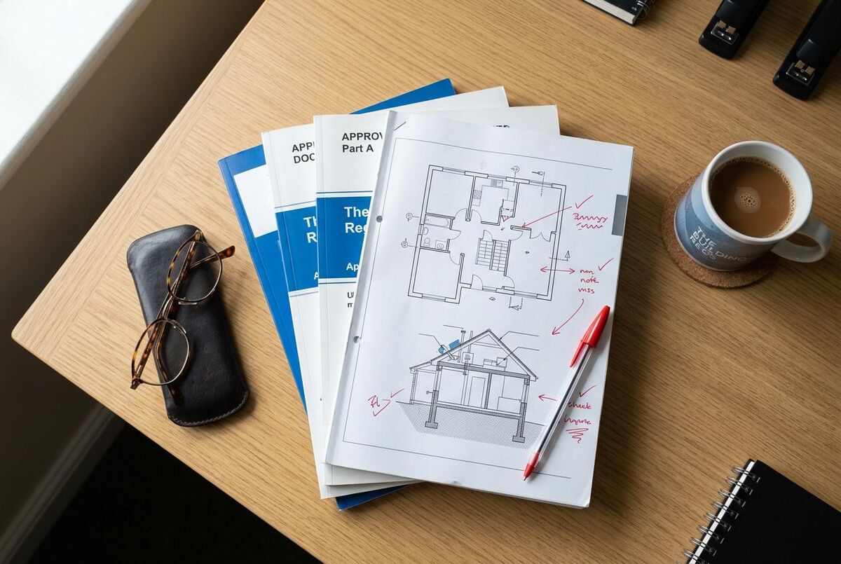 UK building regulation Approved Documents and floor plans on a desk