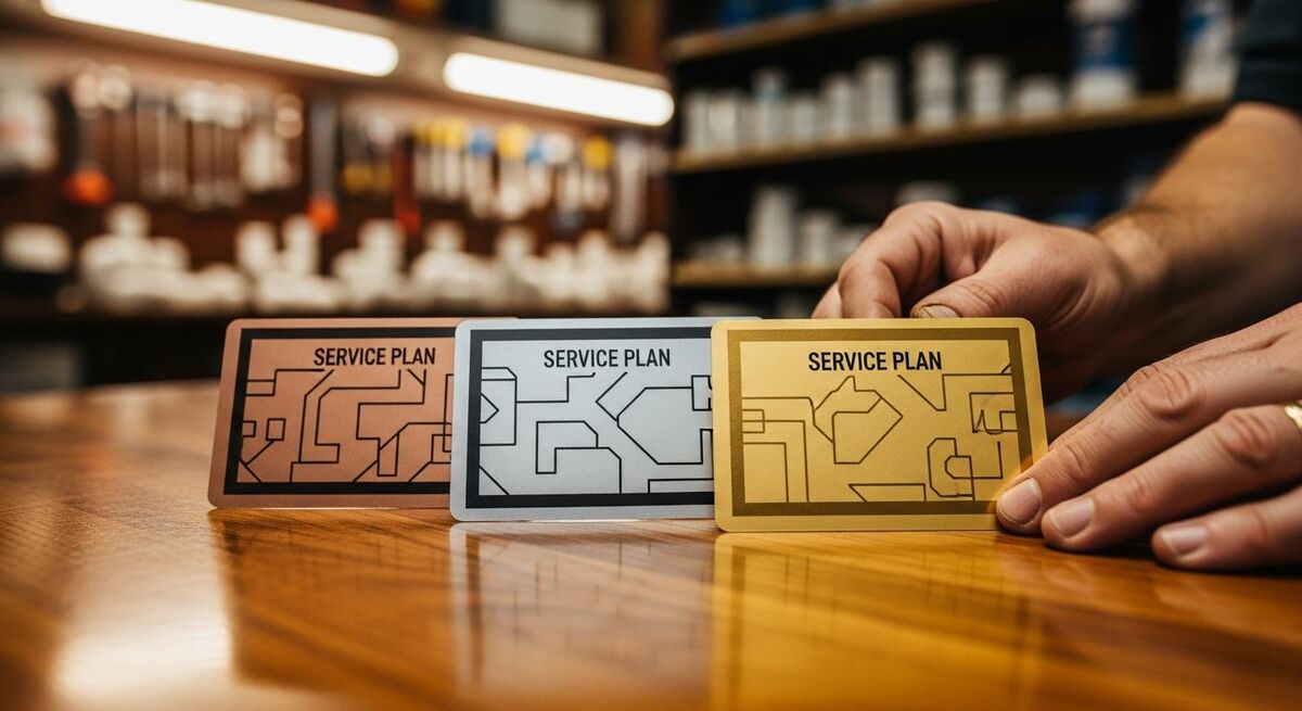 Three service plan cards showing bronze silver and gold tiers on a desk