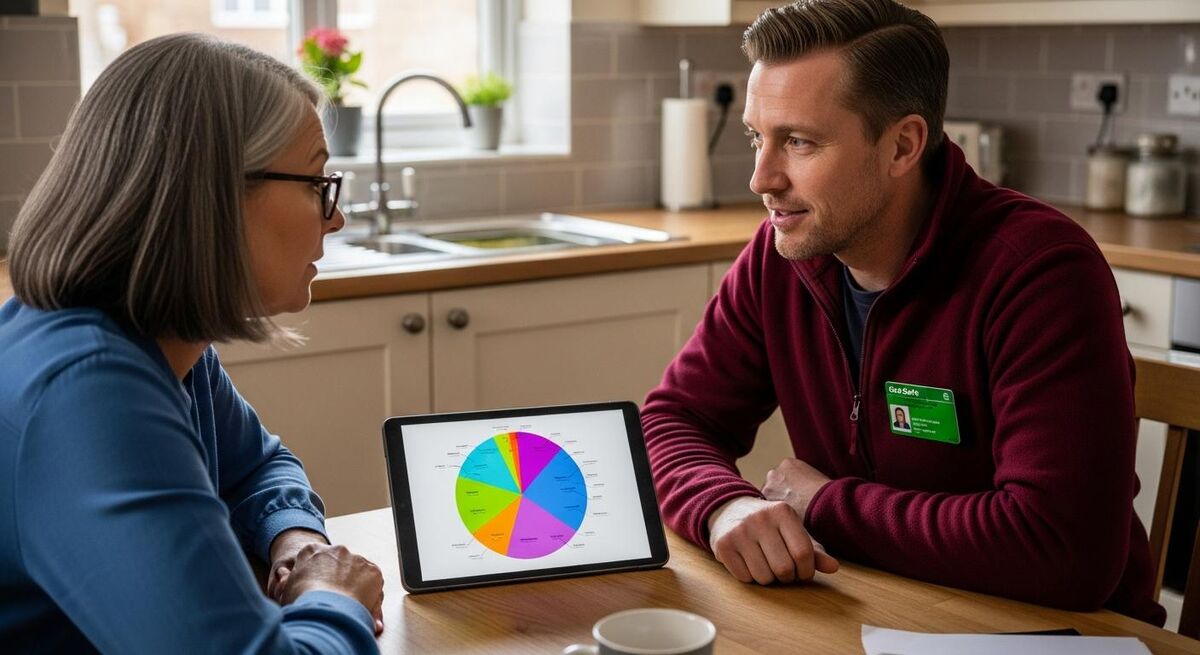 Heating engineer explaining a service plan brochure to a homeowner in a kitchen