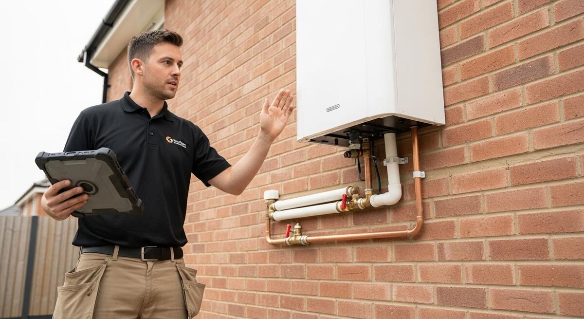 Heating engineer using a tablet on site to log a BREL photograph