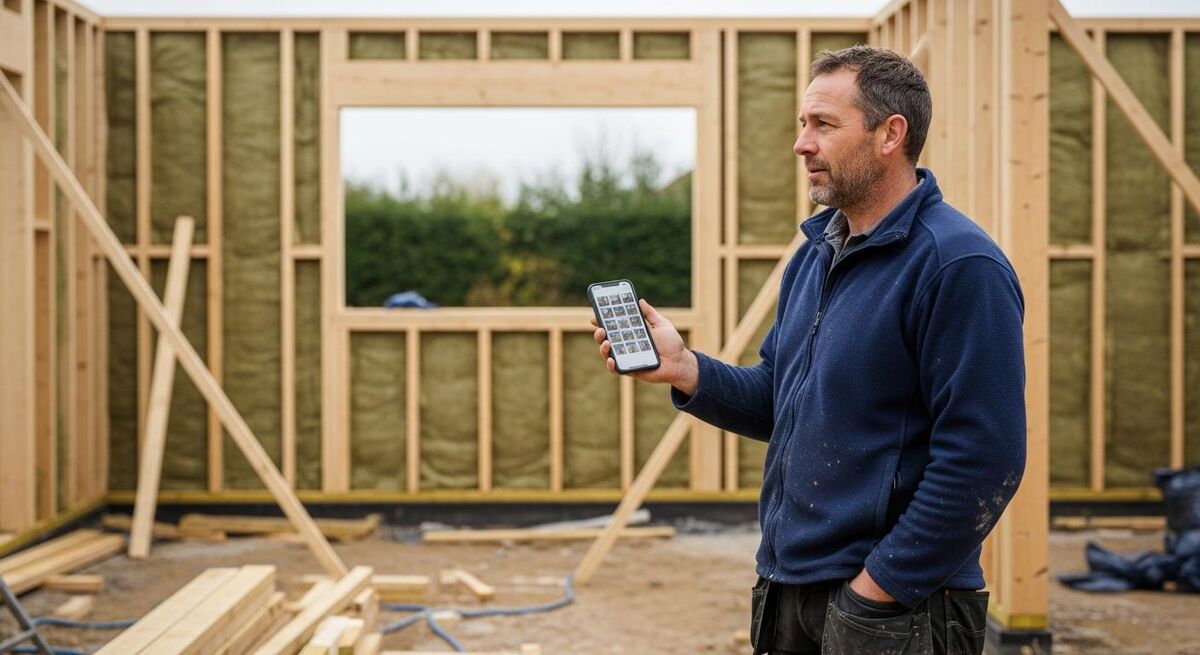 Site supervisor on a phone reviewing geotagged construction photos for BREL compliance