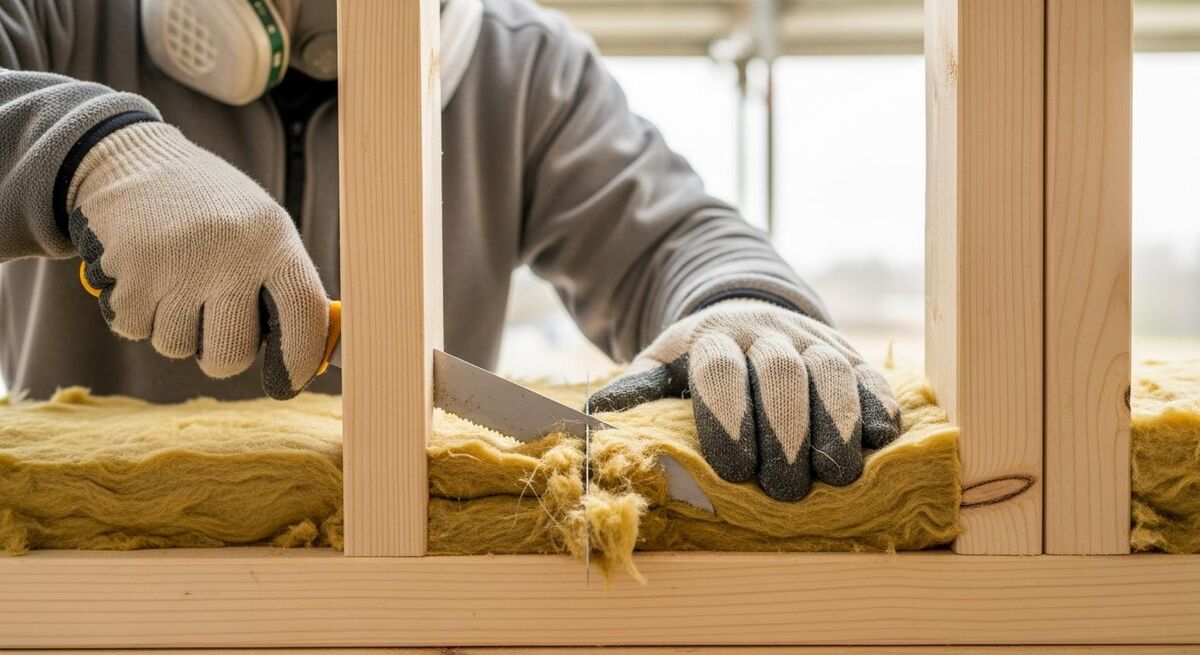 Insulation contractor cutting mineral wool tight to a stud wall on a UK new build