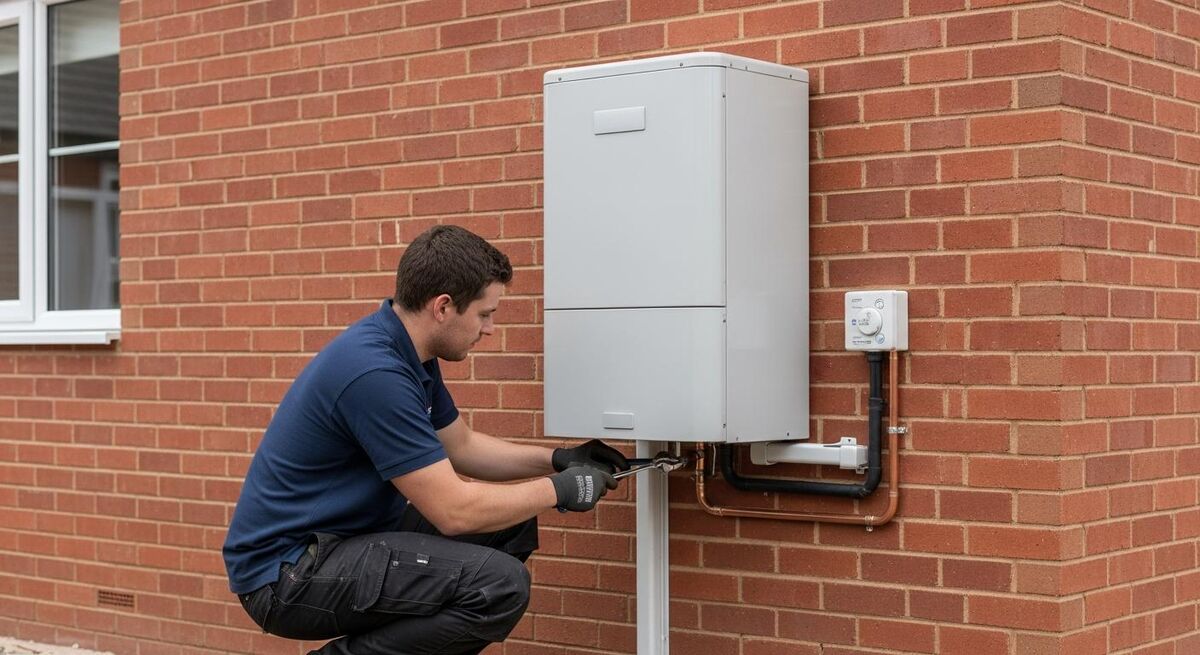 Air source heat pump outdoor unit on the wall of a UK new build