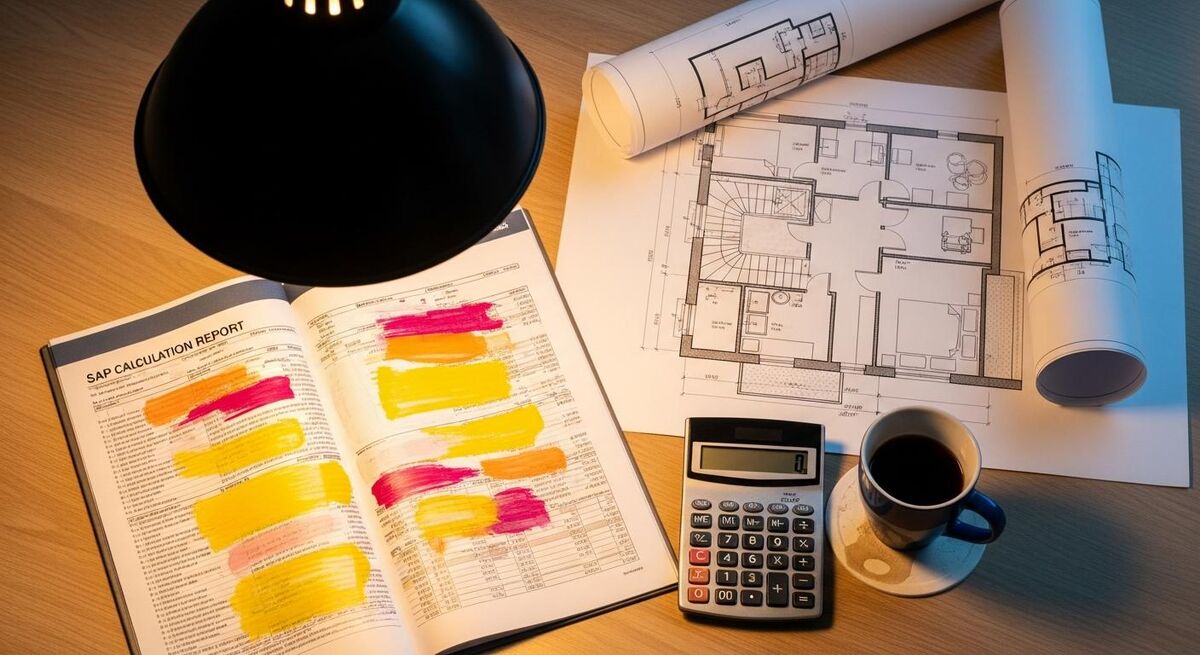 SAP calculation print-out on a desk next to architectural drawings