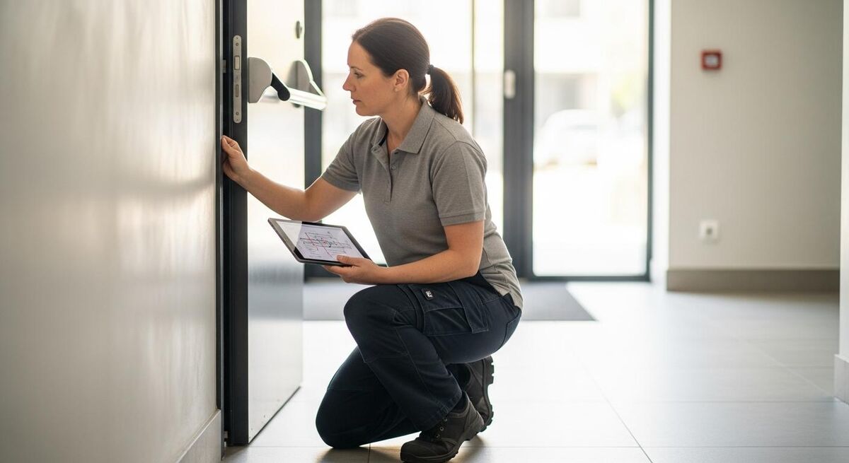 Maintenance engineer using a tablet to log a fire door inspection in a building lobby