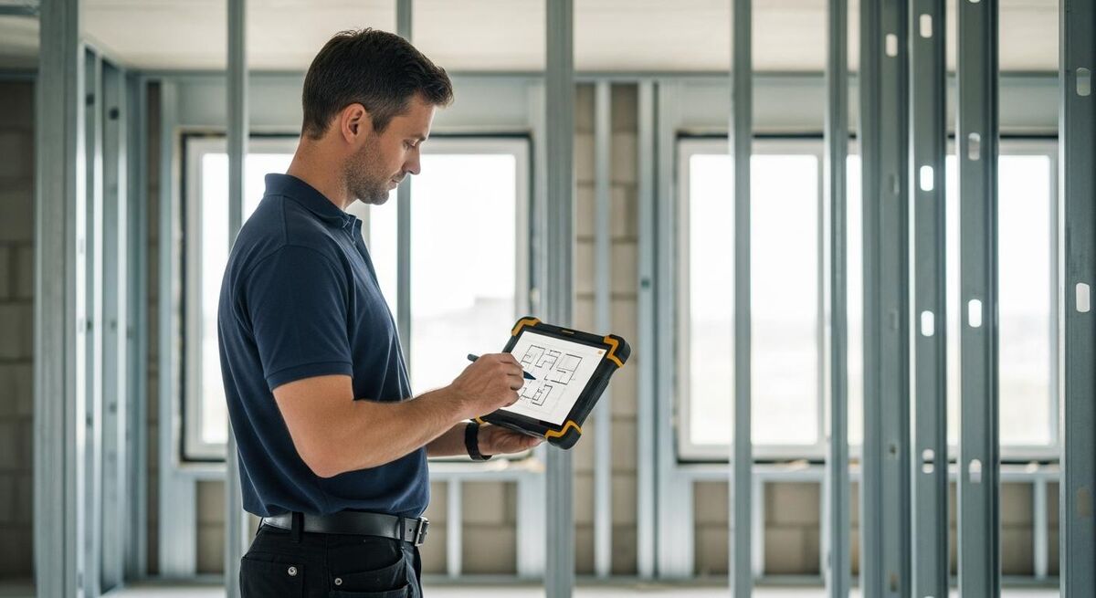 Engineer using a construction tablet on a building site to mark up plans