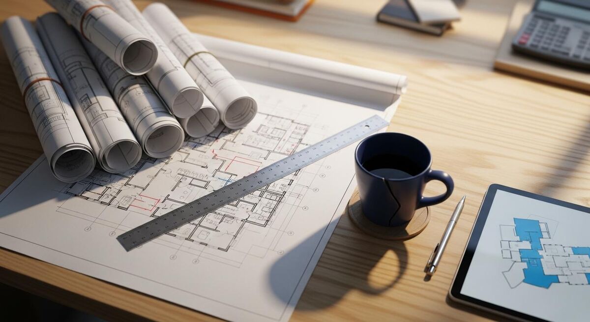 Architect reviewing fire safety drawings on a tablet beside a partially constructed apartment block