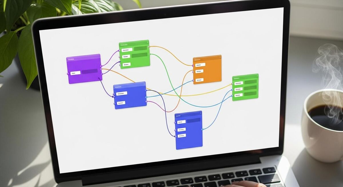 Laptop screen showing a visual node-based workflow with coloured connection lines