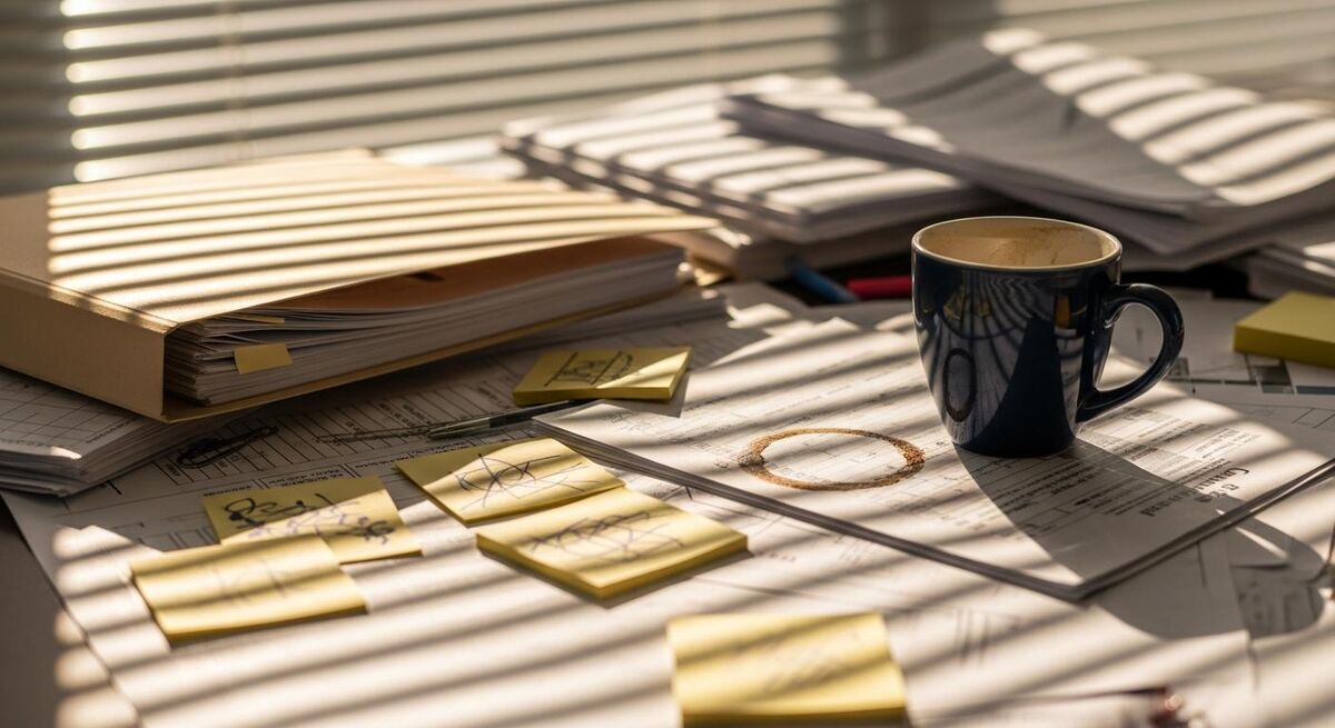 Cluttered office desk piled with construction certificates RAMS and method statements